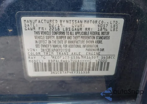 2019 Nissan Sentra Sr Turbo z USA, uszkodzony, nr VIN 3N1CB7AP4KY311518